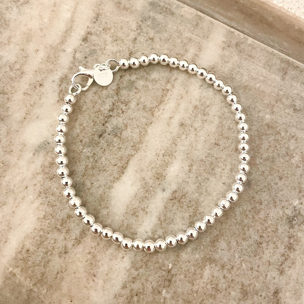 925 Sterling Silver Bead Bracelet 4 mm Ball Bracelet Small Round Bead Bracelet - Picture 2 of 4